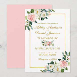 Invitation Aquarelle Floral Rose Blush Blanc Or Mariage P