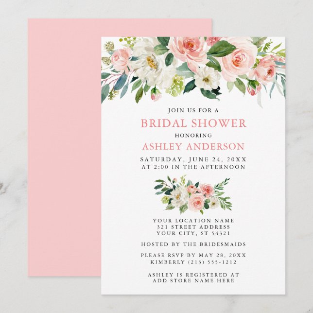 Invitation Aquarelle Floral Rose Blush Elégante Fête des mari (Devant / Derrière)