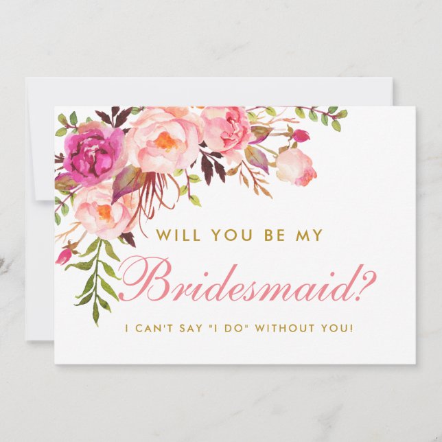 Invitation Aquarelle Floral Rose Blush Gold Be My Bridesmaid (Devant)