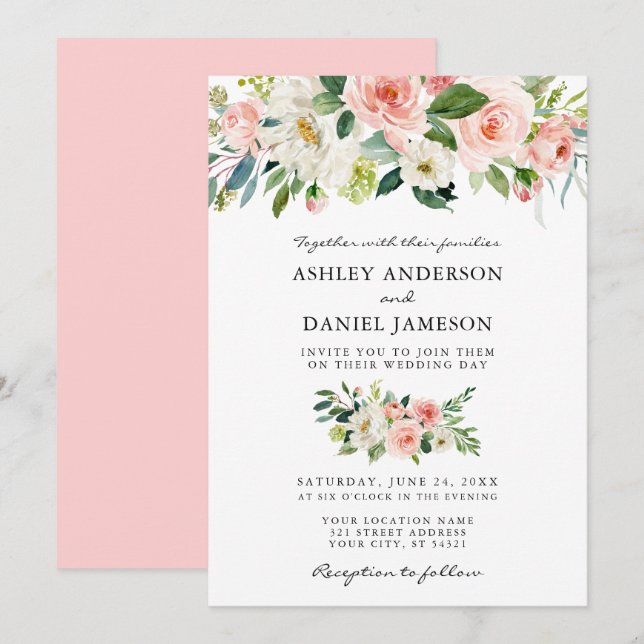 Invitation Aquarelle Floral Rose Blush Mariage élégant (Devant / Derrière)