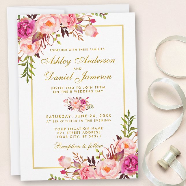 Invitation Aquarelle Floral Rose Blush Mariage or (Customize to change size, style or text color.)