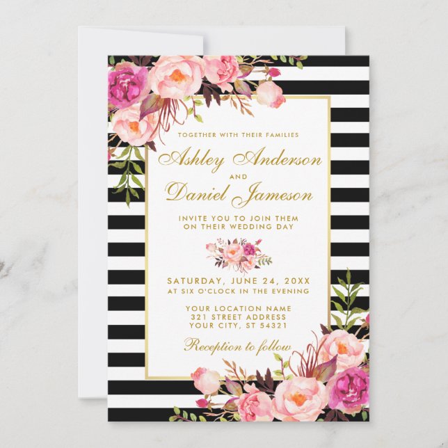 Invitation Aquarelle Floral Rose Blush Mariage or rayé (Devant)
