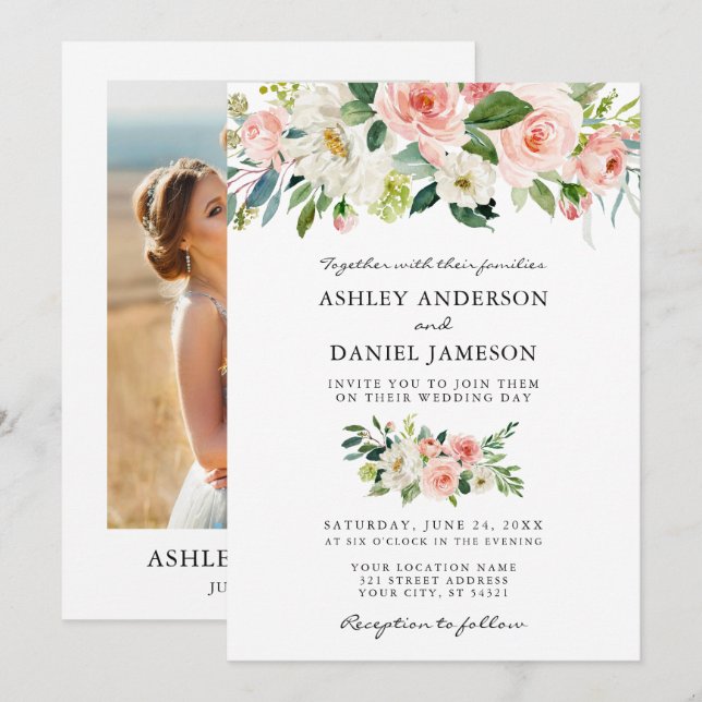 Invitation Aquarelle Floral Rose Blush Mariage photo (Devant / Derrière)