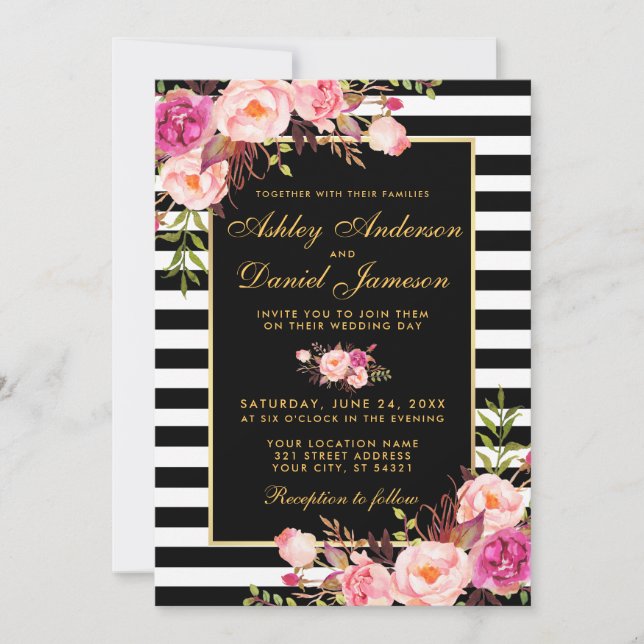 Invitation Aquarelle Floral rose Blush or noir Mariage (Devant)