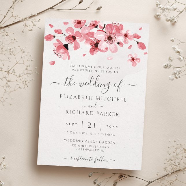Invitation Aquarelle Floral rose cerisier Mariage (Créateur téléchargé)