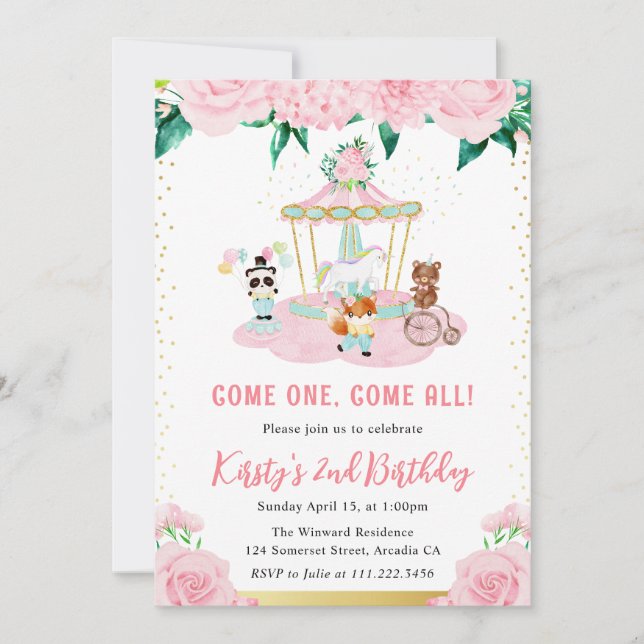 Invitation Aquarelle Floral Rose Circus Animaux Anniversaire (Devant)