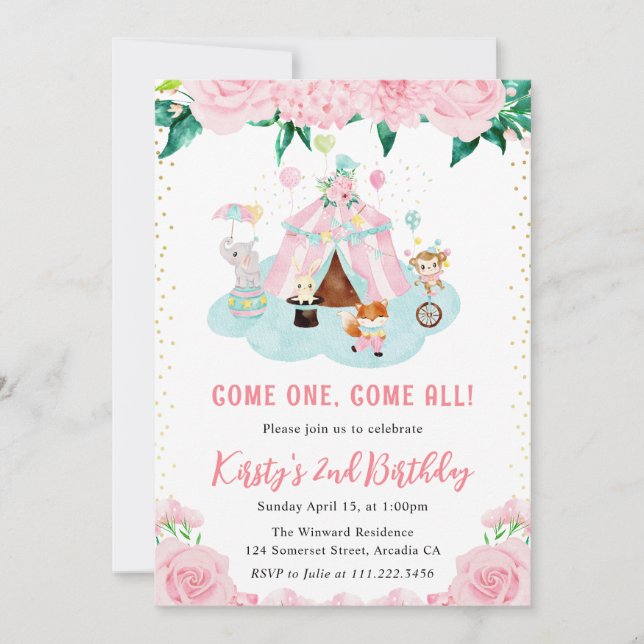 Invitation Aquarelle Floral Rose Circus Animaux Anniversaire (Devant)