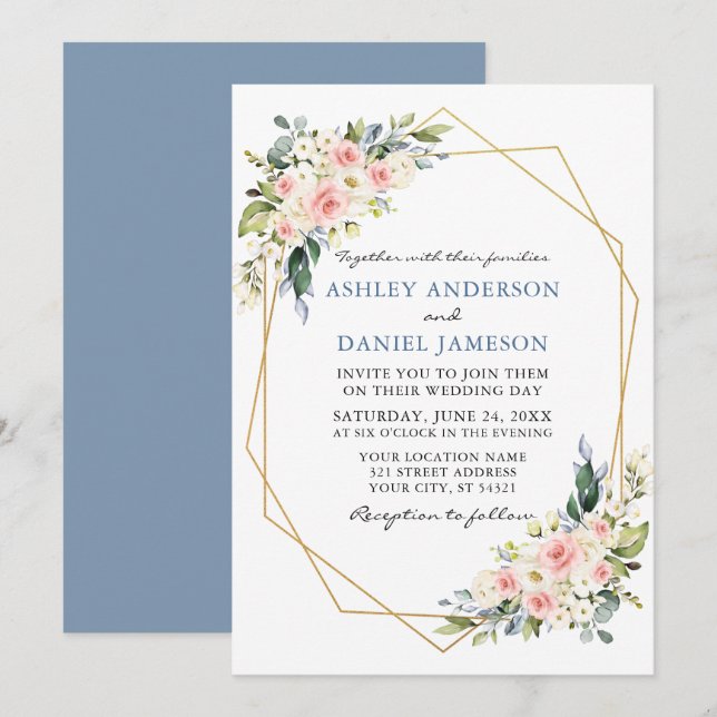 Invitation Aquarelle Floral rose Dusty Mariage Geo (Devant / Derrière)