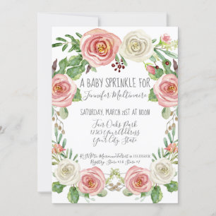 Invitation Aquarelle Floral rose Fleurs blanches Bébé arroser