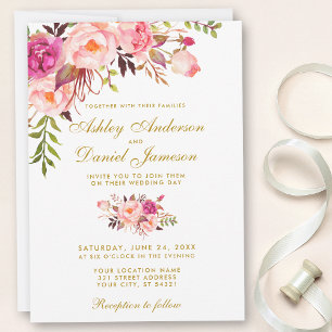Invitation Aquarelle Floral rose Mariage or