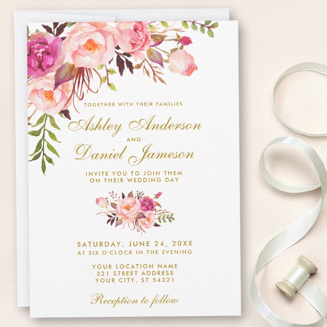 Invitation Aquarelle Floral rose Mariage or (Customize to change text size, color, text style or to add more text to back.)