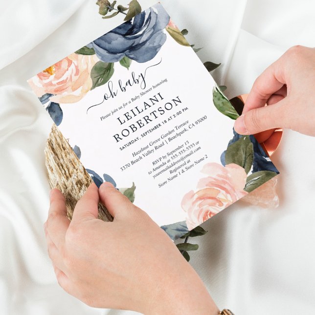 Invitation Aquarelle Floral Rose Marine Oh Baby shower (Créateur téléchargé)