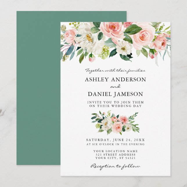 Invitation Aquarelle Floral rose pâle Mariage de verdure (Devant / Derrière)