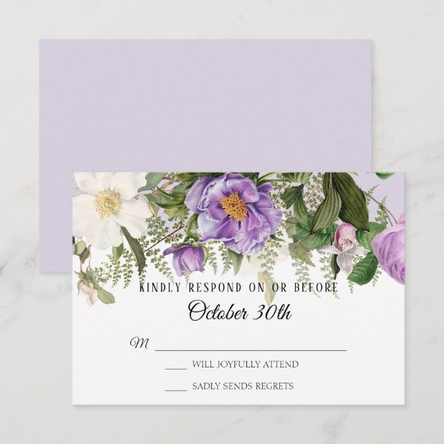 Invitation Aquarelle Floral Rose Peony Foliage Lavande RSVP (Devant / Derrière)