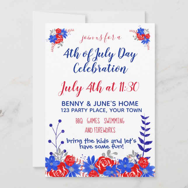 Invitation Aquarelle Floral Rouge Bleu Blanc Moderne (Devant)