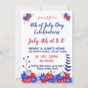 Invitation Aquarelle Floral Rouge Bleu Blanc Moderne