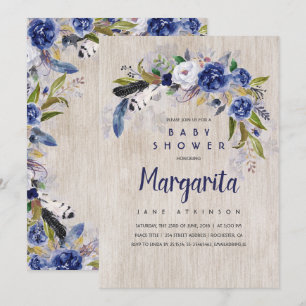 Invitation Aquarelle Floral Rustique Baby shower Marine