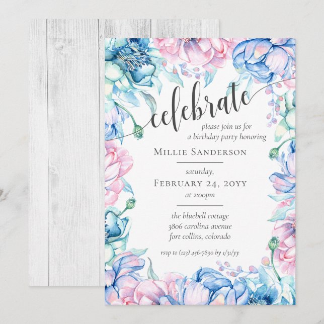 Invitation Aquarelle Floral & Rustique Bois Ferme Anniversair (Devant / Derrière)