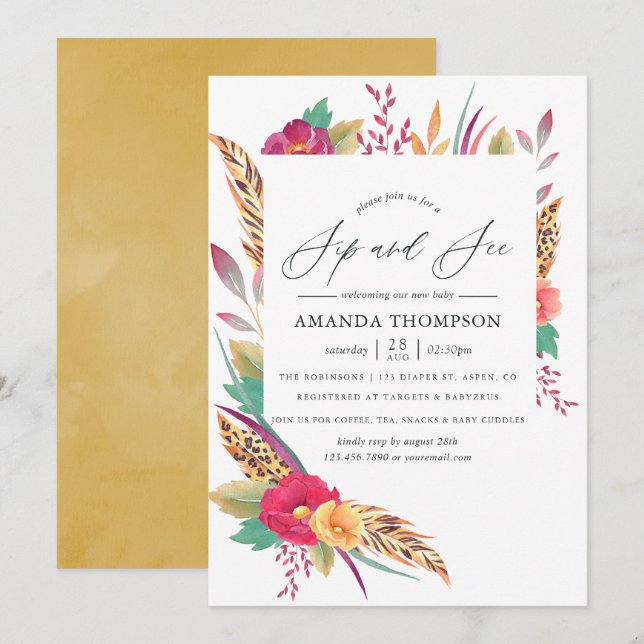 Invitation Aquarelle Floral Safari Sip et voir (Devant / Derrière)