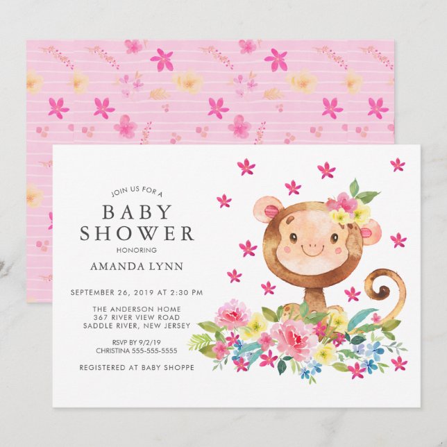 Invitation Aquarelle Floral Singe Baby Girl Douche (Devant / Derrière)