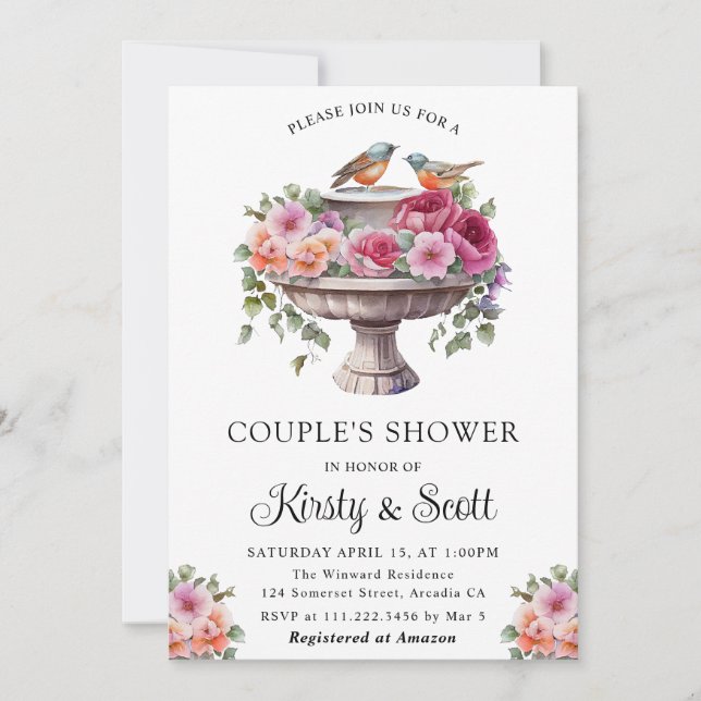 Invitation Aquarelle Floral Spring Bird Bain Douche de couple (Devant)