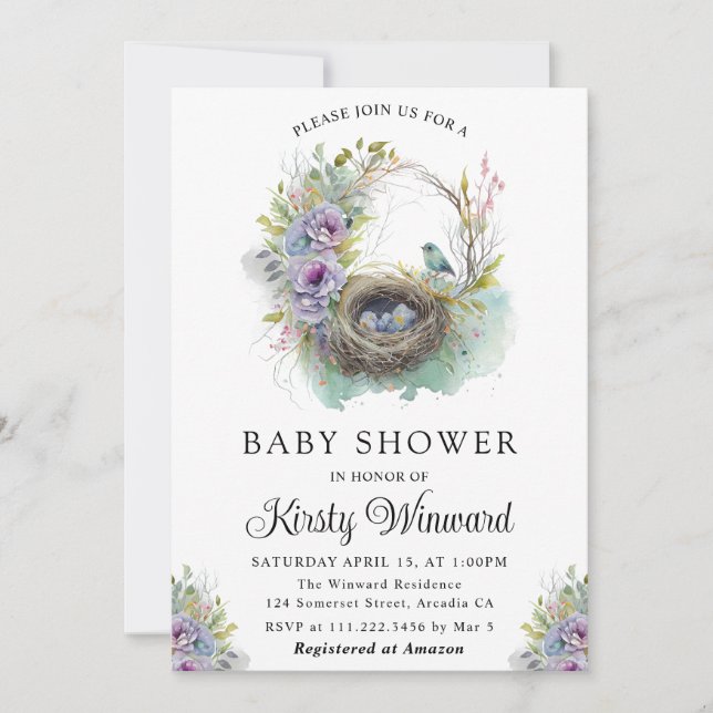 Invitation Aquarelle Floral Spring Bird Nest Baby shower (Devant)