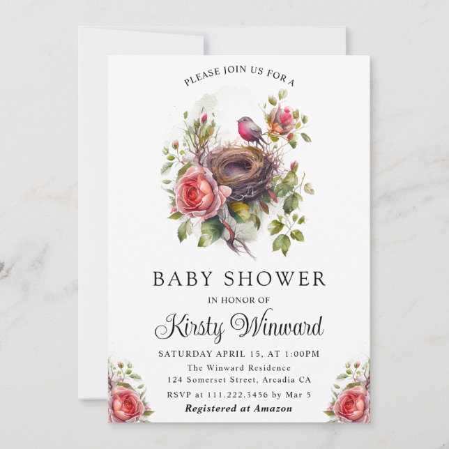 Invitation Aquarelle Floral Spring Bird Nest Baby shower (Devant)