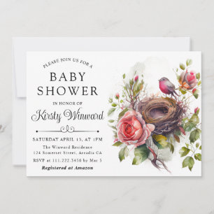 Invitation Aquarelle Floral Spring Bird Nest Baby shower