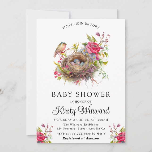 Invitation Aquarelle Floral Spring Bird Nest Baby shower (Devant)
