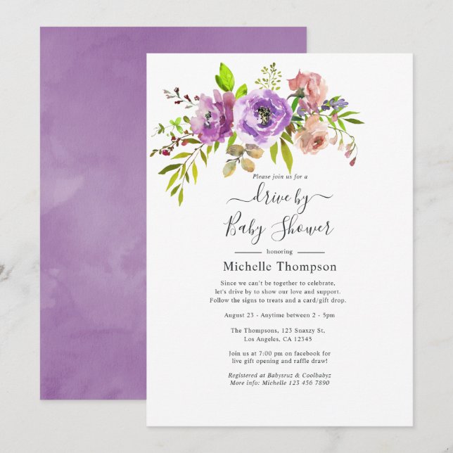 Invitation Aquarelle Floral Spring Drive Par Douche (Devant / Derrière)