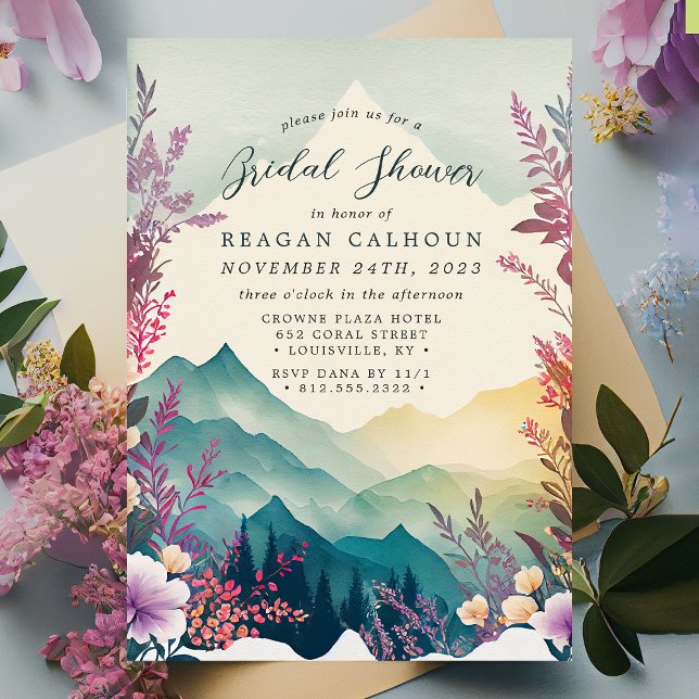 Invitation Aquarelle Floral Spring Mountains Fête des mariées (Créateur téléchargé)
