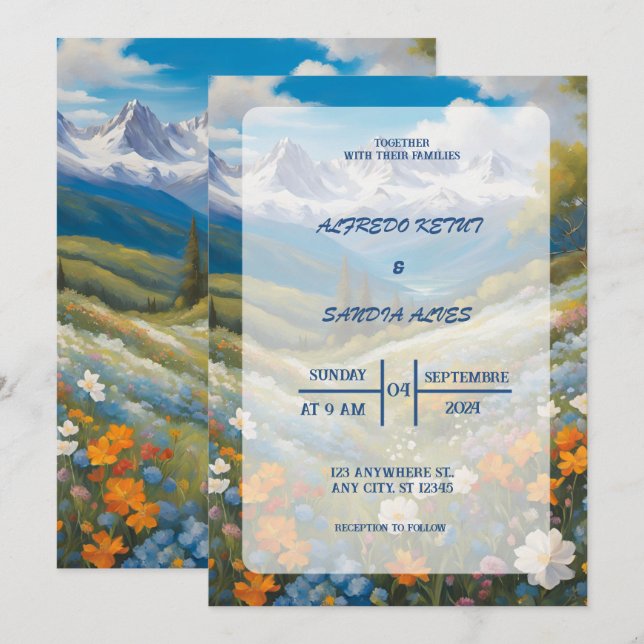 Invitation Aquarelle Floral Spring Mountains Mariage (Devant / Derrière)