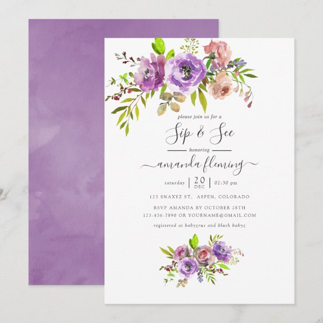 Invitation Aquarelle Floral Spring Sip et voir (Devant / Derrière)