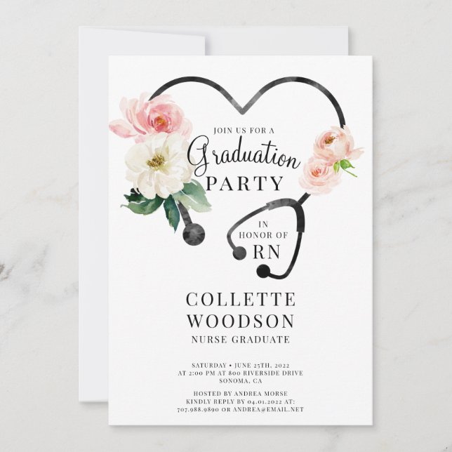 Invitation Aquarelle Floral Stethoscope Infirmière Diplôme (Devant)