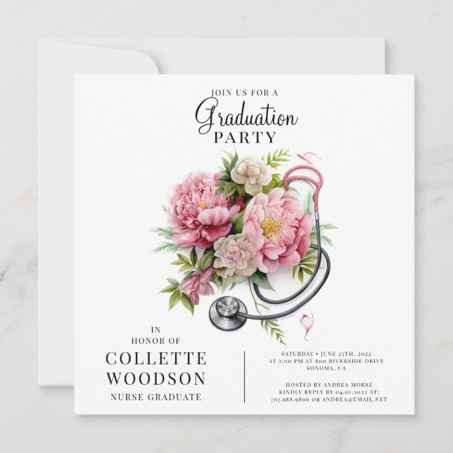 Invitation Aquarelle Floral Stethoscope Infirmière Diplôme (Devant)