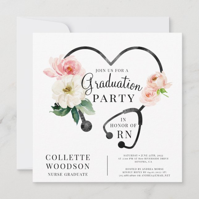 Invitation Aquarelle Floral Stethoscope Infirmière Diplôme (Devant)