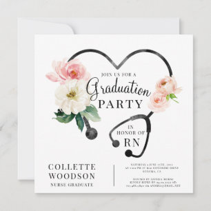 Invitation Aquarelle Floral Stethoscope Infirmière Diplôme