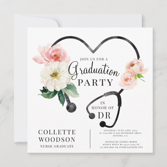 Invitation Aquarelle Floral Stethoscope Infirmière Diplôme (Devant)