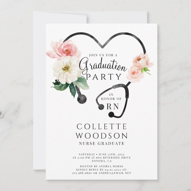 Invitation Aquarelle Floral Stethoscope Infirmière Diplôme (Devant)