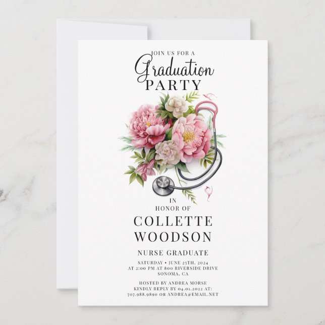 Invitation Aquarelle Floral Stethoscope Infirmière Diplôme (Devant)