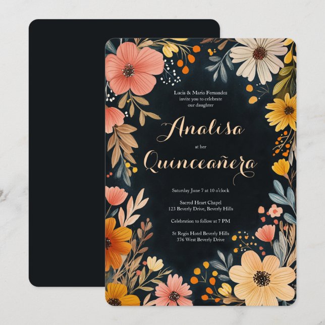 Invitation Aquarelle Floral sur Quinceañera foncé PERSONNALIS (Devant / Derrière)