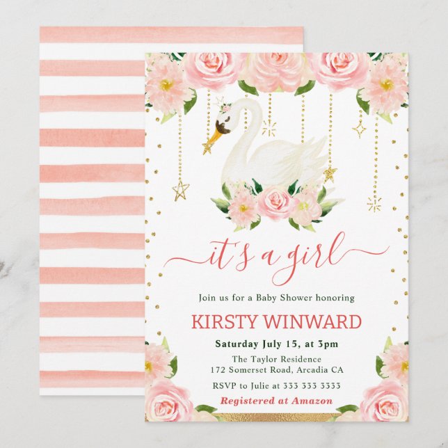 Invitation Aquarelle Floral Swan Girl Baby shower (Devant / Derrière)