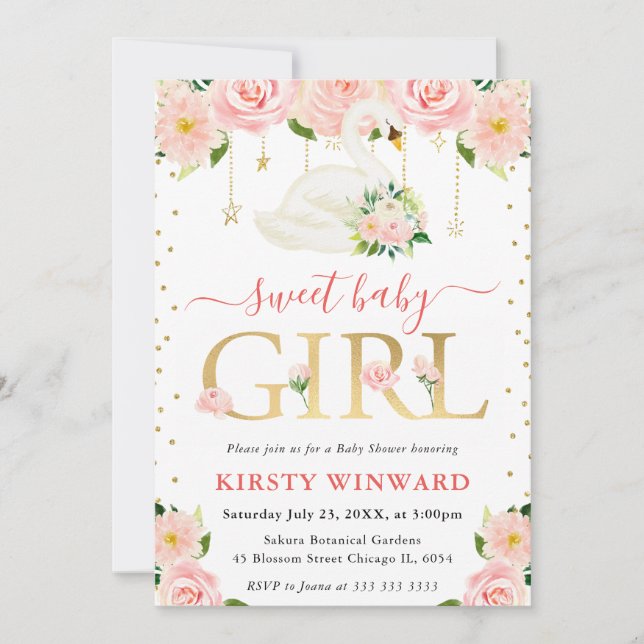 Invitation Aquarelle Floral Swan Girl Baby shower (Devant)