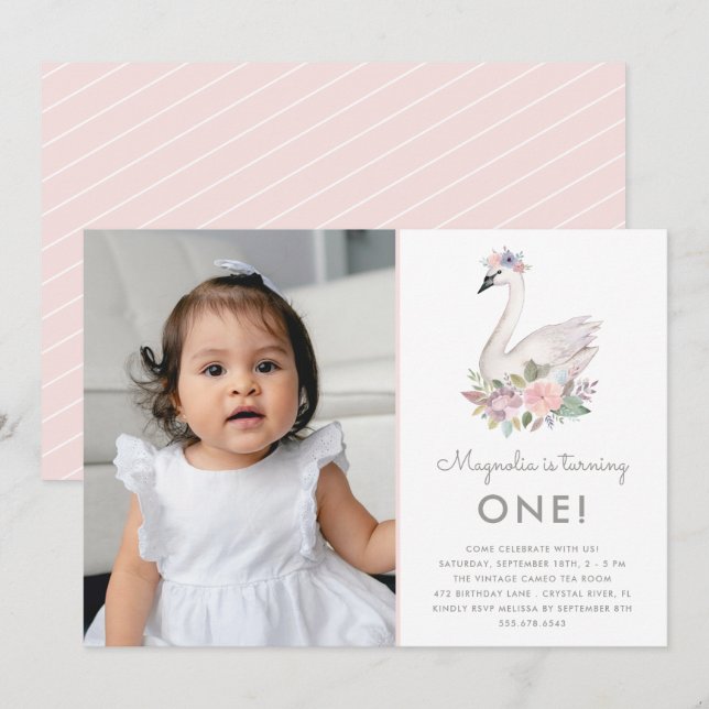 Invitation Aquarelle Floral Swan Princesse Photo Anniversaire (Devant / Derrière)