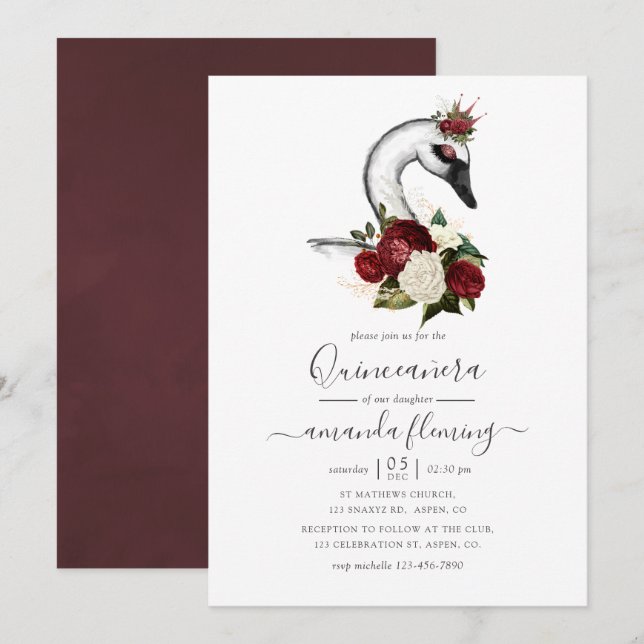 Invitation Aquarelle Floral Swan Quinceañera (Devant / Derrière)
