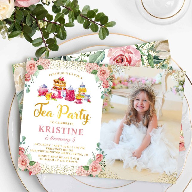 Invitation Aquarelle Floral Tea Party Filles Anniversaire Pho (Créateur téléchargé)