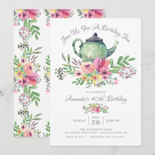 Invitation Aquarelle Floral Teapot Anniversaire Fête Invitati (Devant / Derrière)