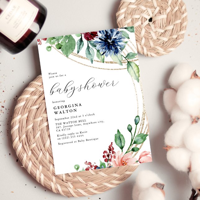 Invitation Aquarelle Floral, Verdure & Baby shower Or (Créateur téléchargé)