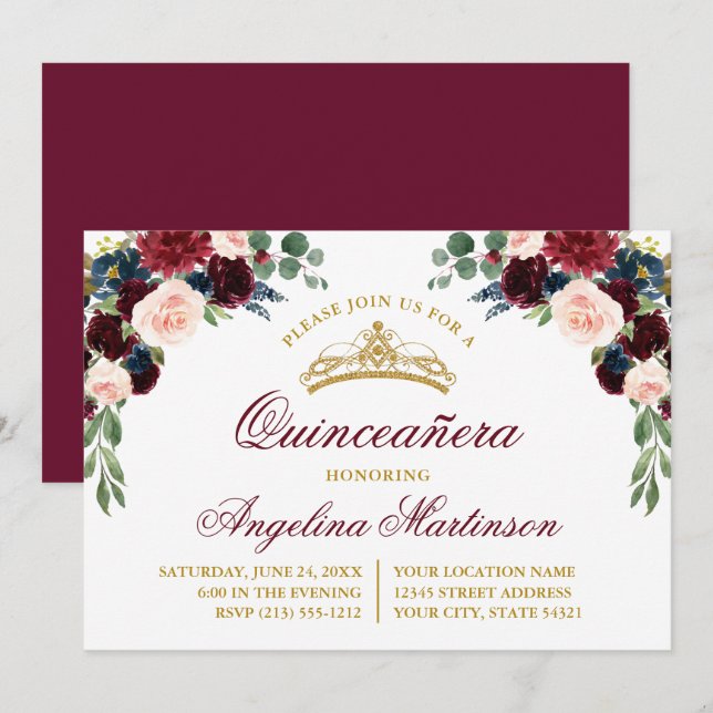 Invitation Aquarelle Floral Verdure Quinceanera Party (Devant / Derrière)