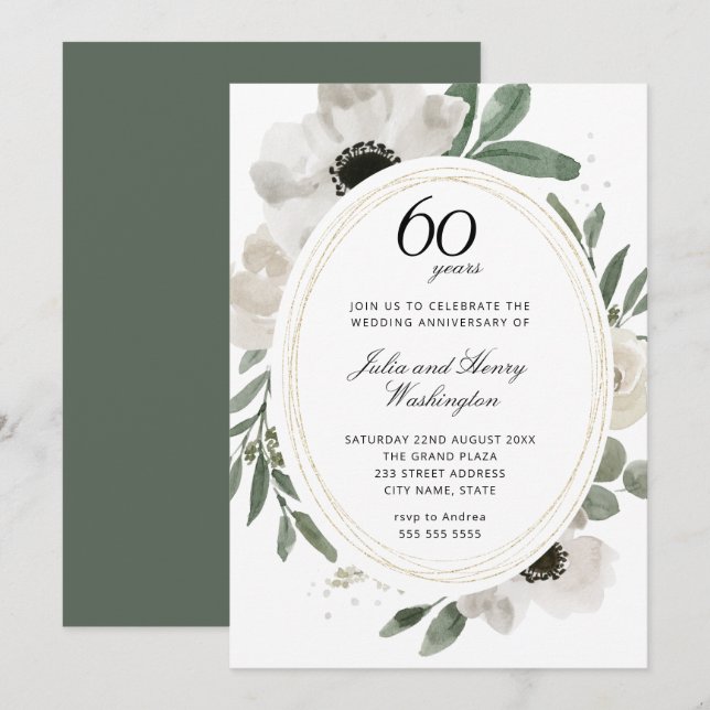 Invitation Aquarelle Floral Vert 60e Anniversaire de Mariage (Devant / Derrière)